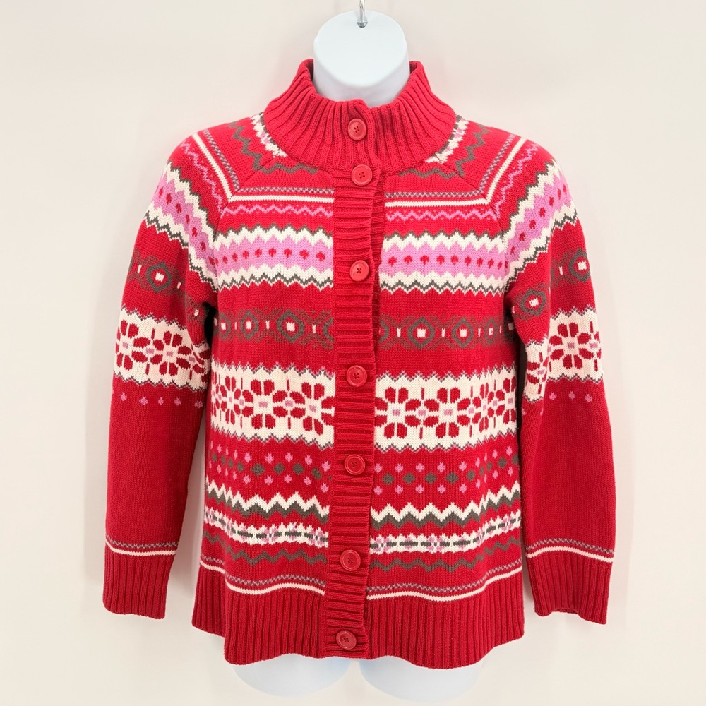 Basic Editions Red Fair Isle Button  Christmas Sweater Women’s Large Xmas Winter